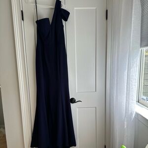 Betsy & Adam Navy One-Shoulder Formal Gown
